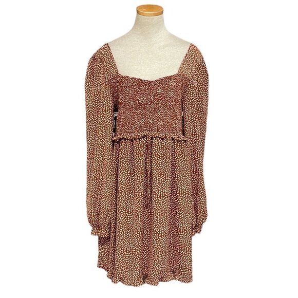 She + Sky Cinnamon Toast Dress NWT Square Neck Shirred Long Sleeve Brown Large L - Picture 1 of 17